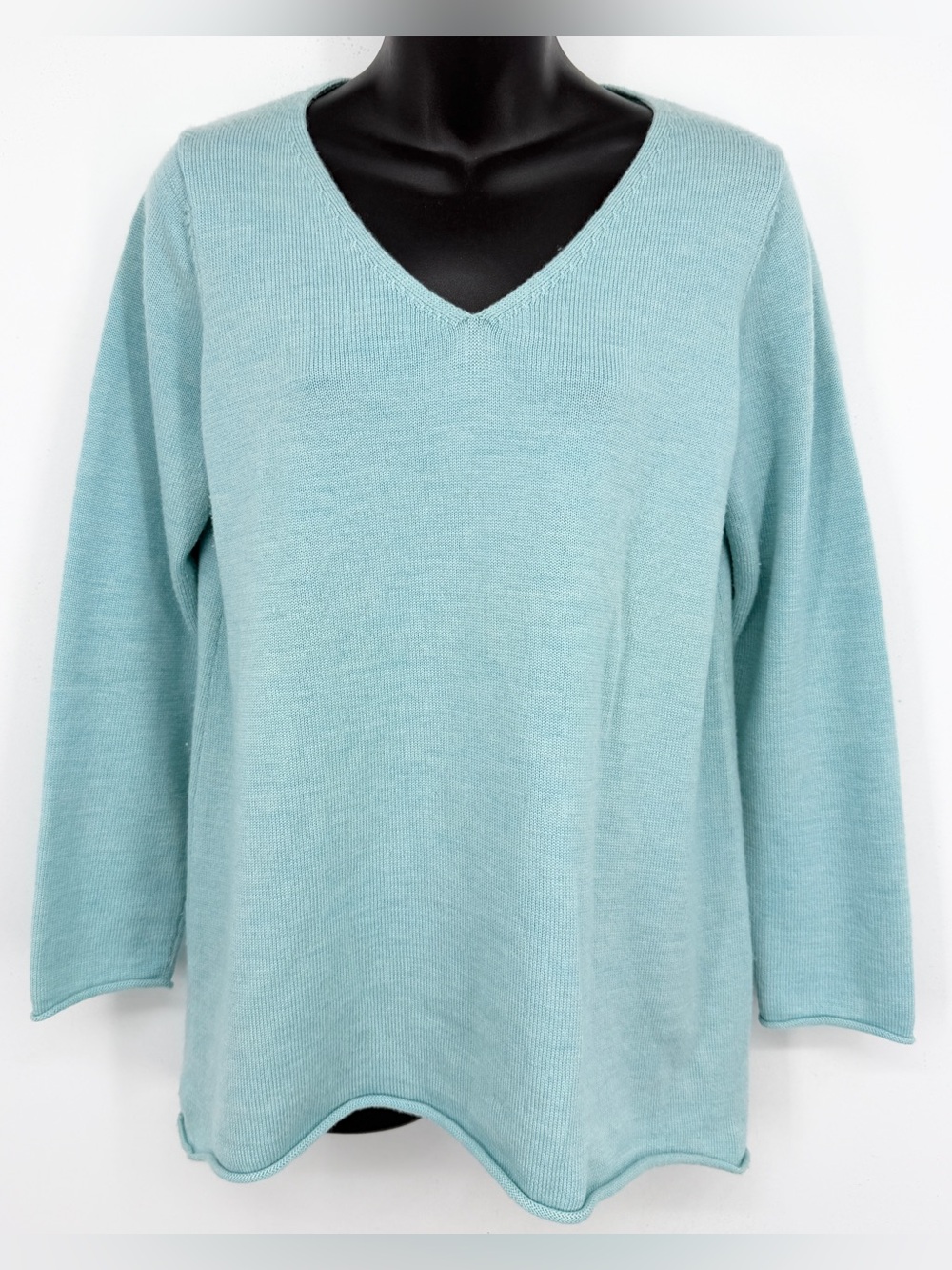 Eileen Fisher Blue Wool Long Sleeve Sweater Womens Petite Medium Knit V Neck